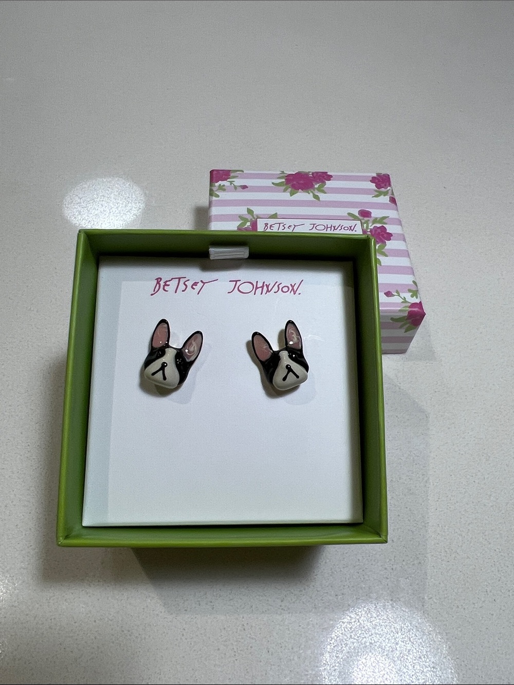 Betsey Johnson Black, White & Pink French Bulldog Stud Earrings